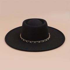 Classic Chain Decor Felt Hat Flat Brim Top Hats Solid Trilby Hat