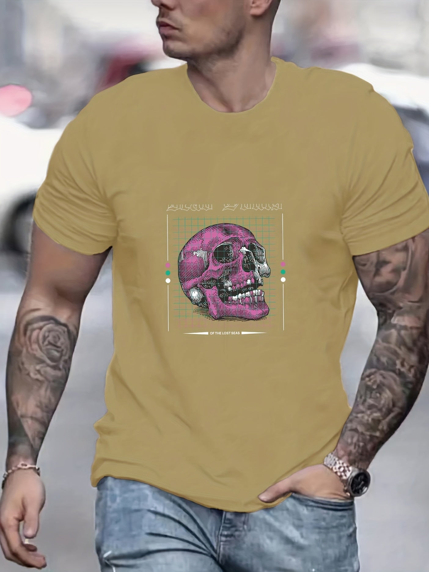 Skull Print Men's Graphic T Shirt Comfy Crew Neck Tee for Summer