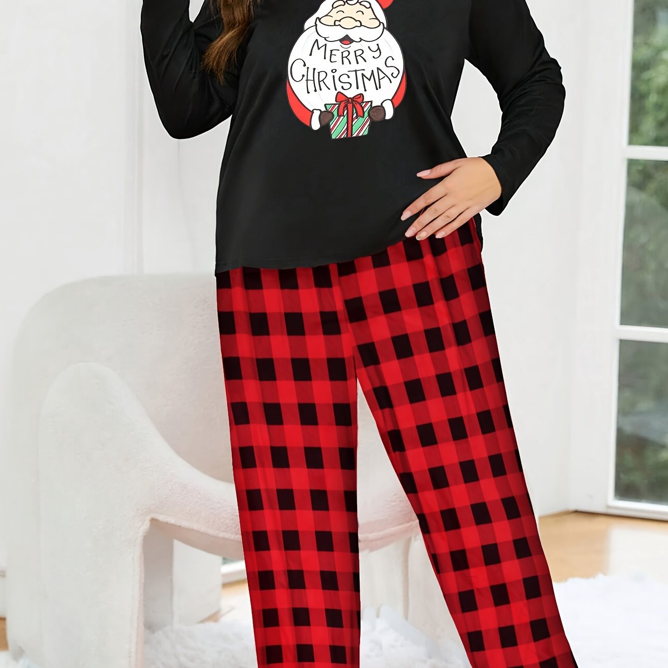  Christmas Pajamas Set Women's Santa Print Top & Plaid Pants