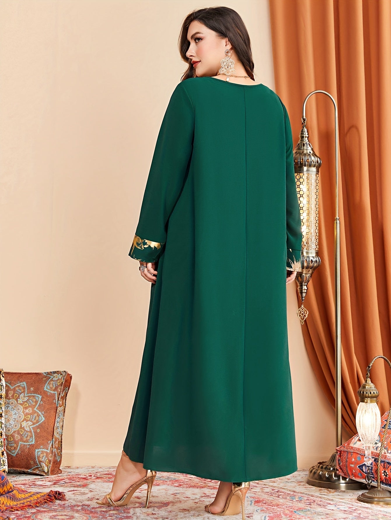  Colorblock Floral Print Long Sleeve Round Neck Maxi Dress