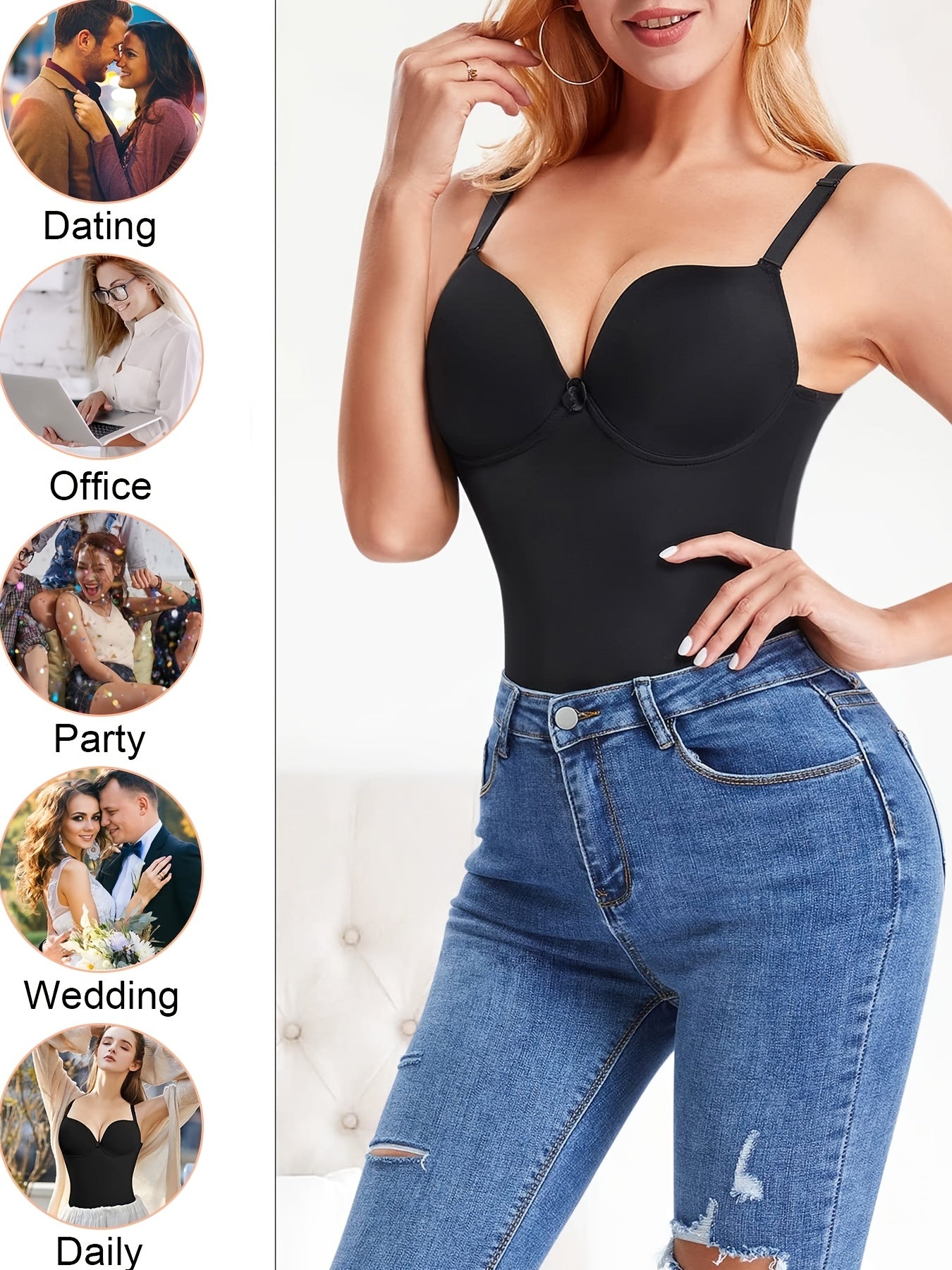 Tummy Control Bodysuit Shapewear V Neck Jumpsuits with Built in Bra