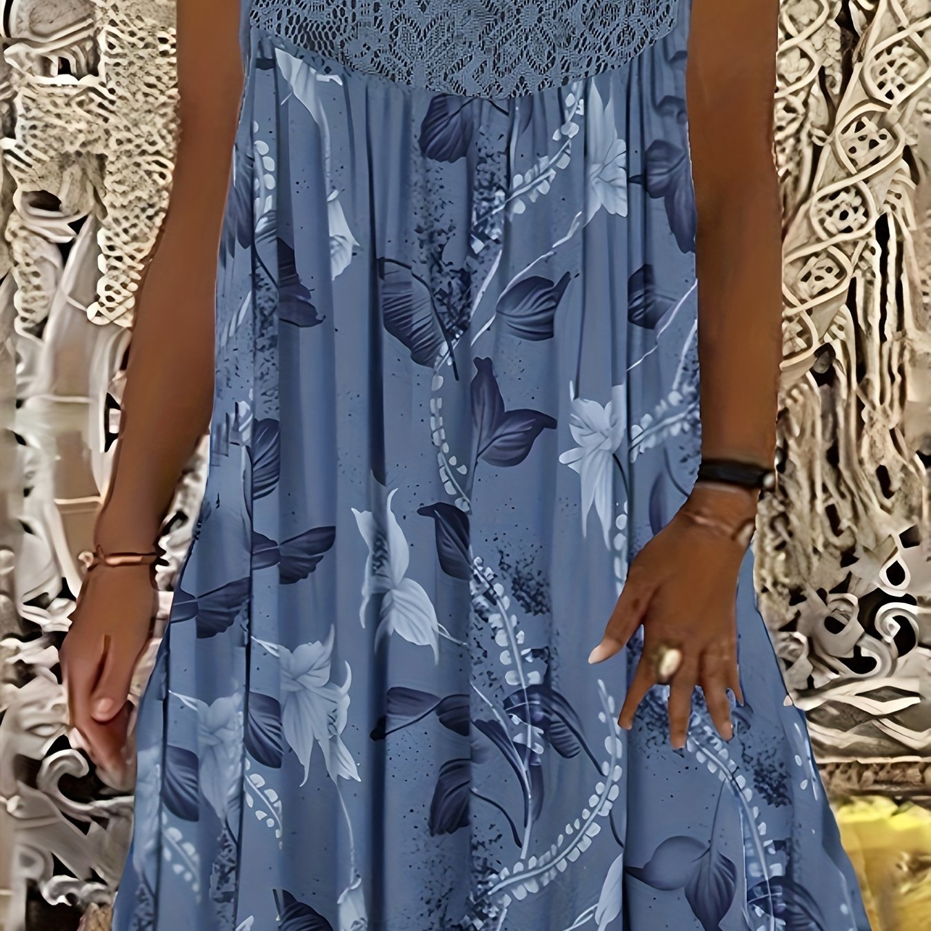  Casual Tank Dress Women's Plus Leaf Print Contrast Lace Round Neck