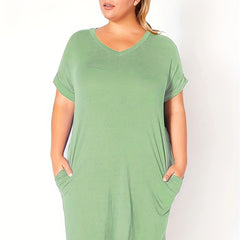  Casual Dress Women's Plus Solid Batwing Sleeve V Neck Slight Stretch