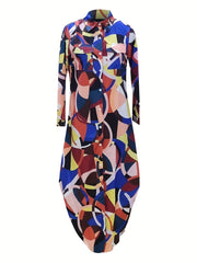  Chain Print Long Sleeve Maxi Shirt Dress