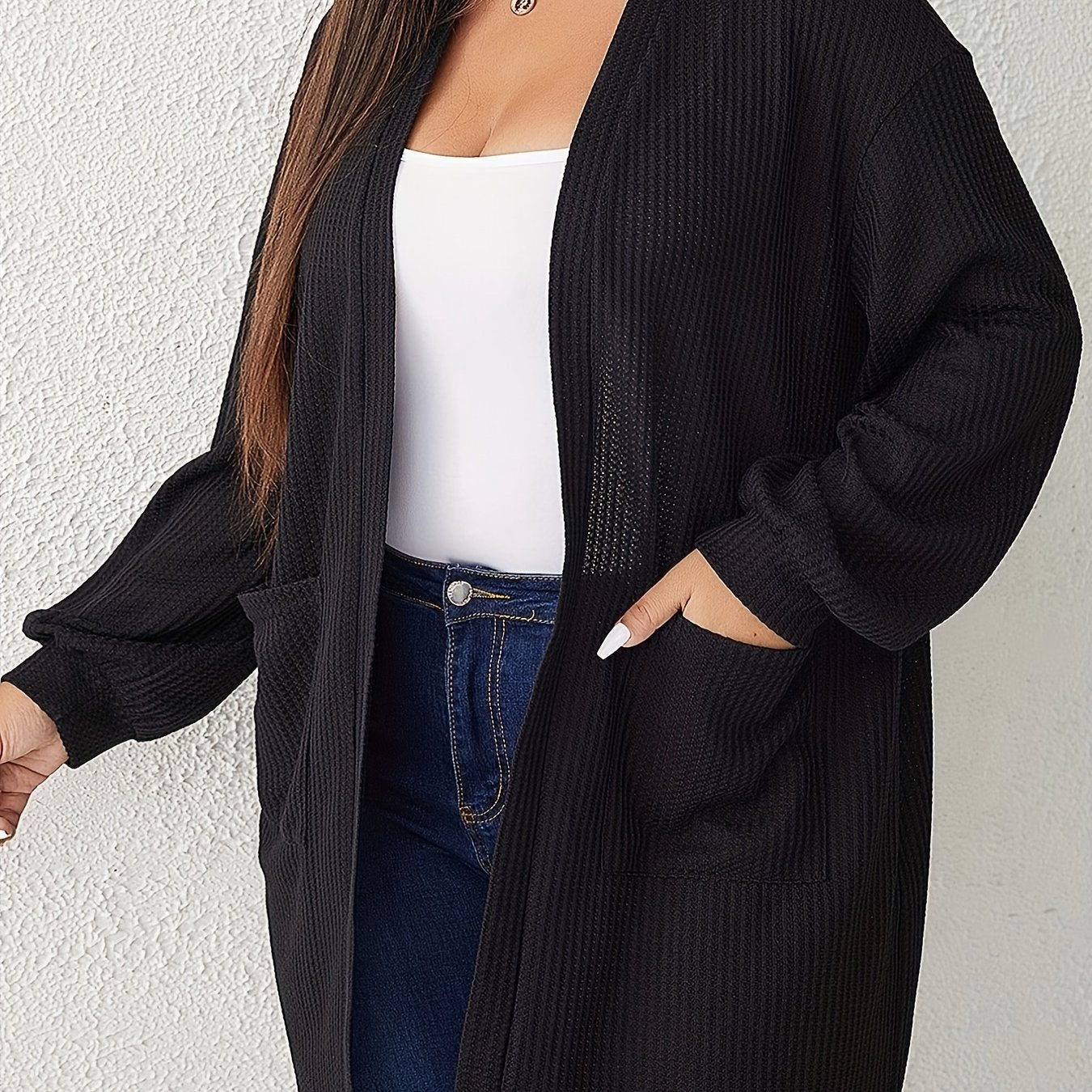  Solid Waffle Pattern Long Sleeve Open Front Cardigan