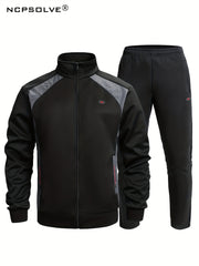 Men's Sports Suit Solid Block Stand Collar Zip Up Jacket & Stretch Waist Pants