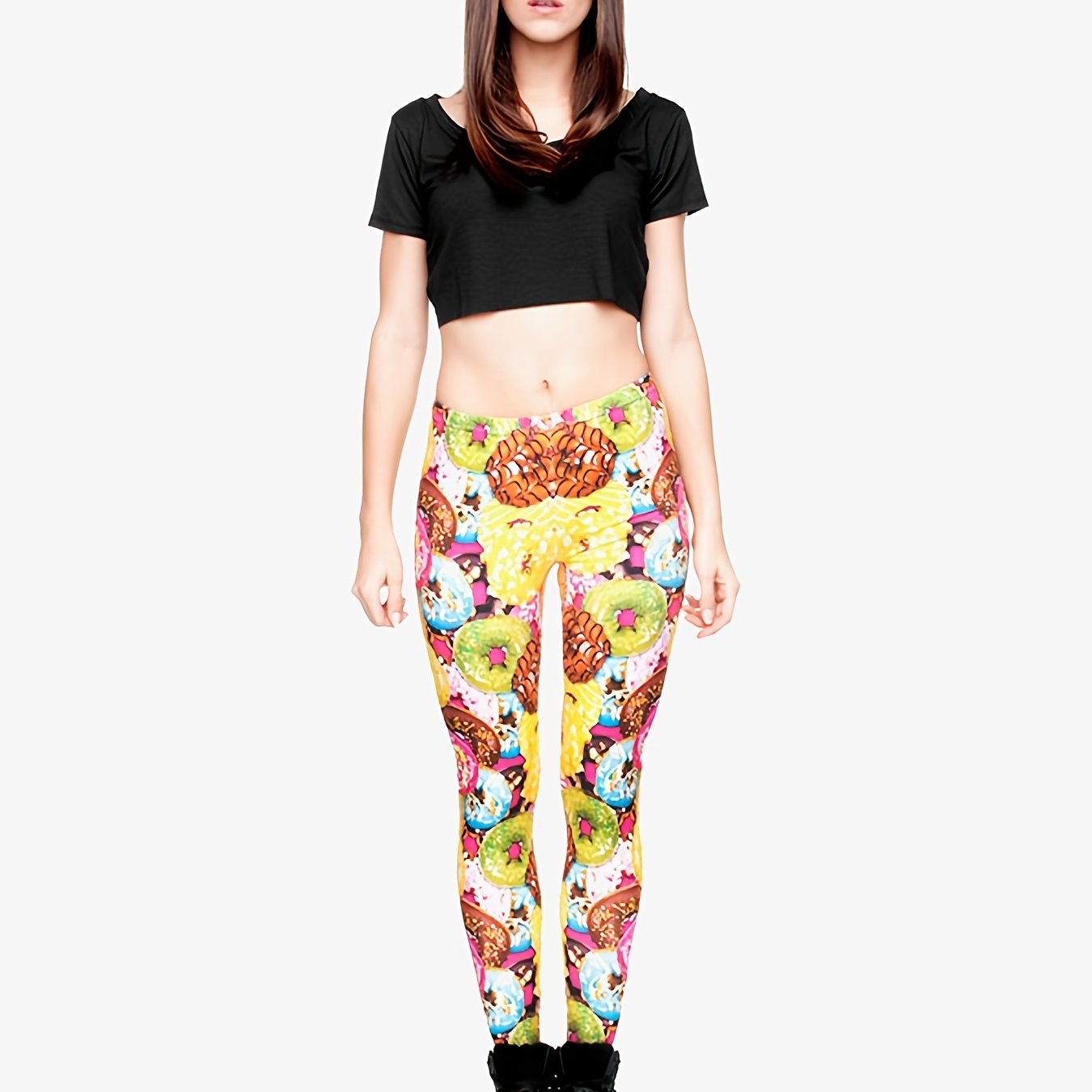 Colorful Donuts Print Skinny Leggings High Waist Stretchy Long Length
