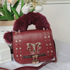 Rhinestone Butterfly Crossbody Bag Square Purse Plush Handle