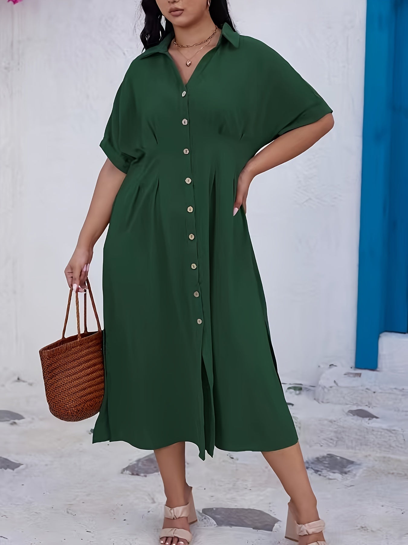  Solid Button Up Maxi Dress