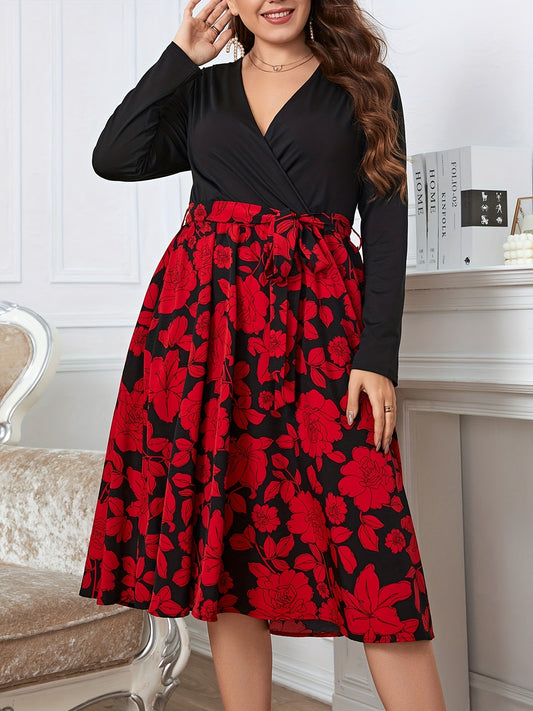  Floral Print Long Sleeve Dress With Belt