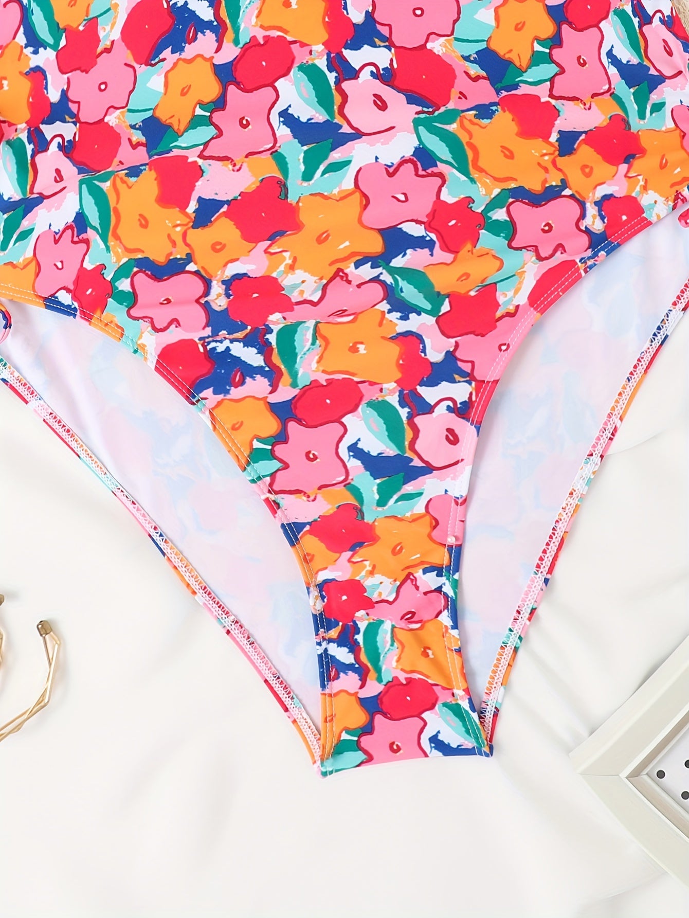  Floral Print Lace Up Side One Piece Bathing Suit