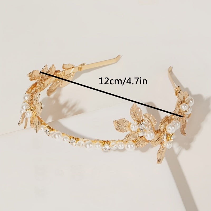 Golden Flower Leaf Faux Pearl Flower Tiara Headband