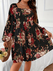  Floral Print Lantern Sleeve Square Neck Dress