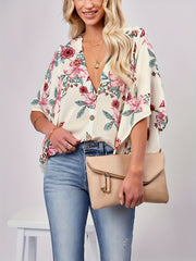  Floral Print Bat Sleeve V Neck Blouse