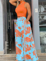  Solid High Neck Tank Top & Floral Print Wide Leg Pants 2 Piece Set