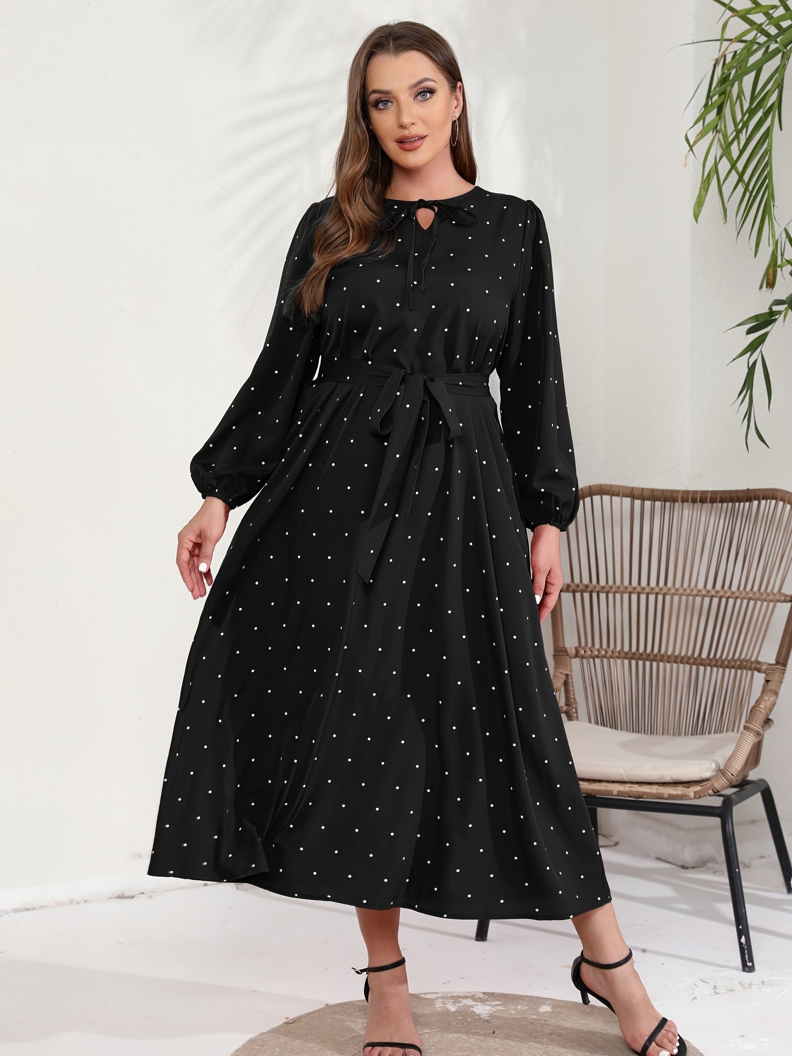  Polka Dot Long Sleeve Maxi Dress With Belt