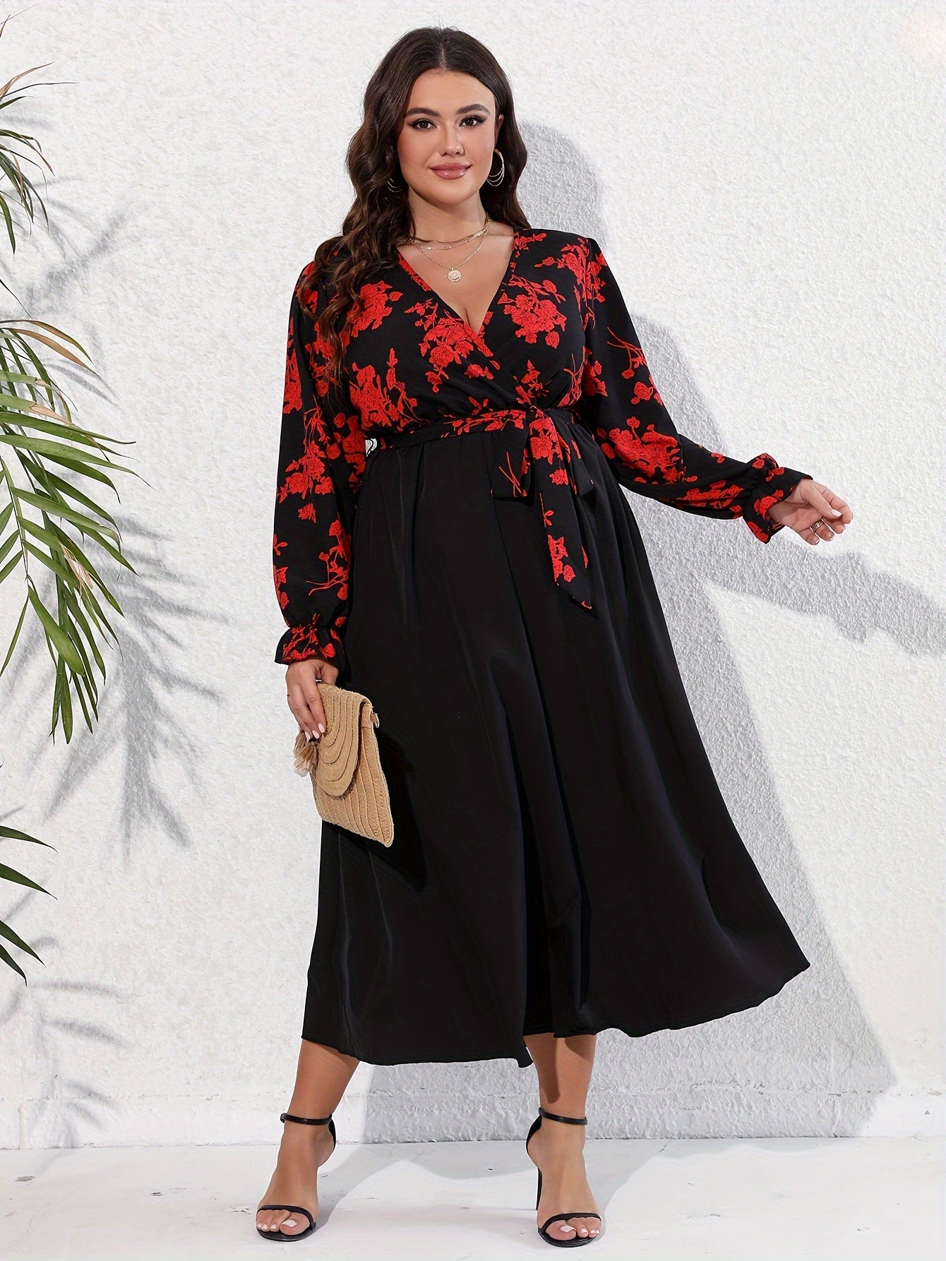  Colorblock Floral Print Surplice Neck Dress