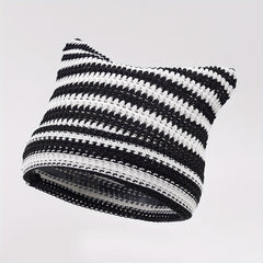 Y2K Striped Cat Ear Knit Hat Summer Ice Silk Beanie