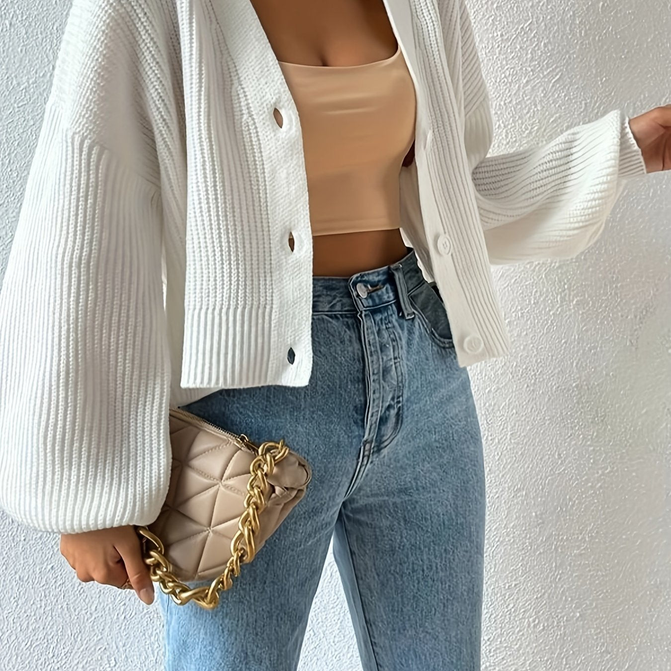  Solid Button Up Lantern Sleeve V Neck Cardigan