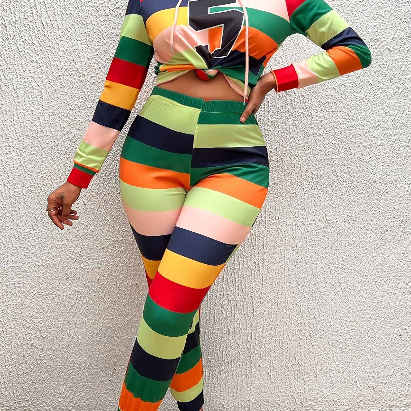  Colorblock Number Print Hooded Top & Leggings Set