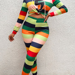 Colorblock Number Print Hooded Top & Leggings Set
