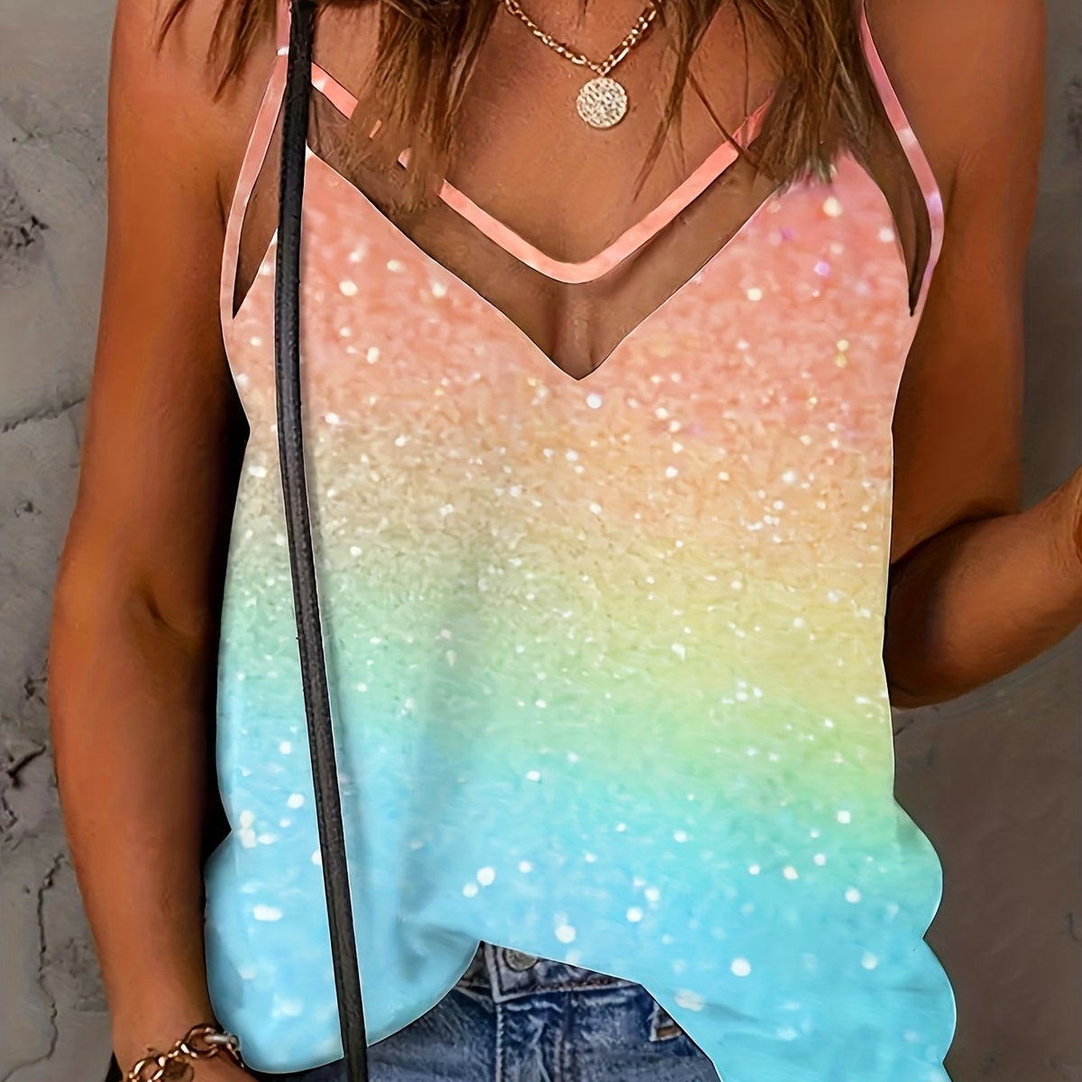 Gradient Print Cami Top V Neck Sleeveless Summer Top