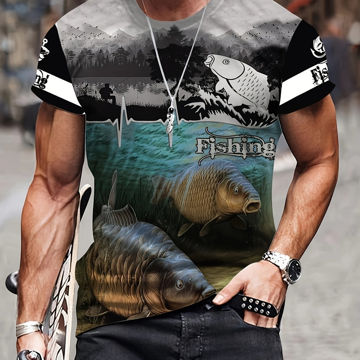 Men's 3D Fishing Print Mid Stretch T-shirt for Outdoor Summer