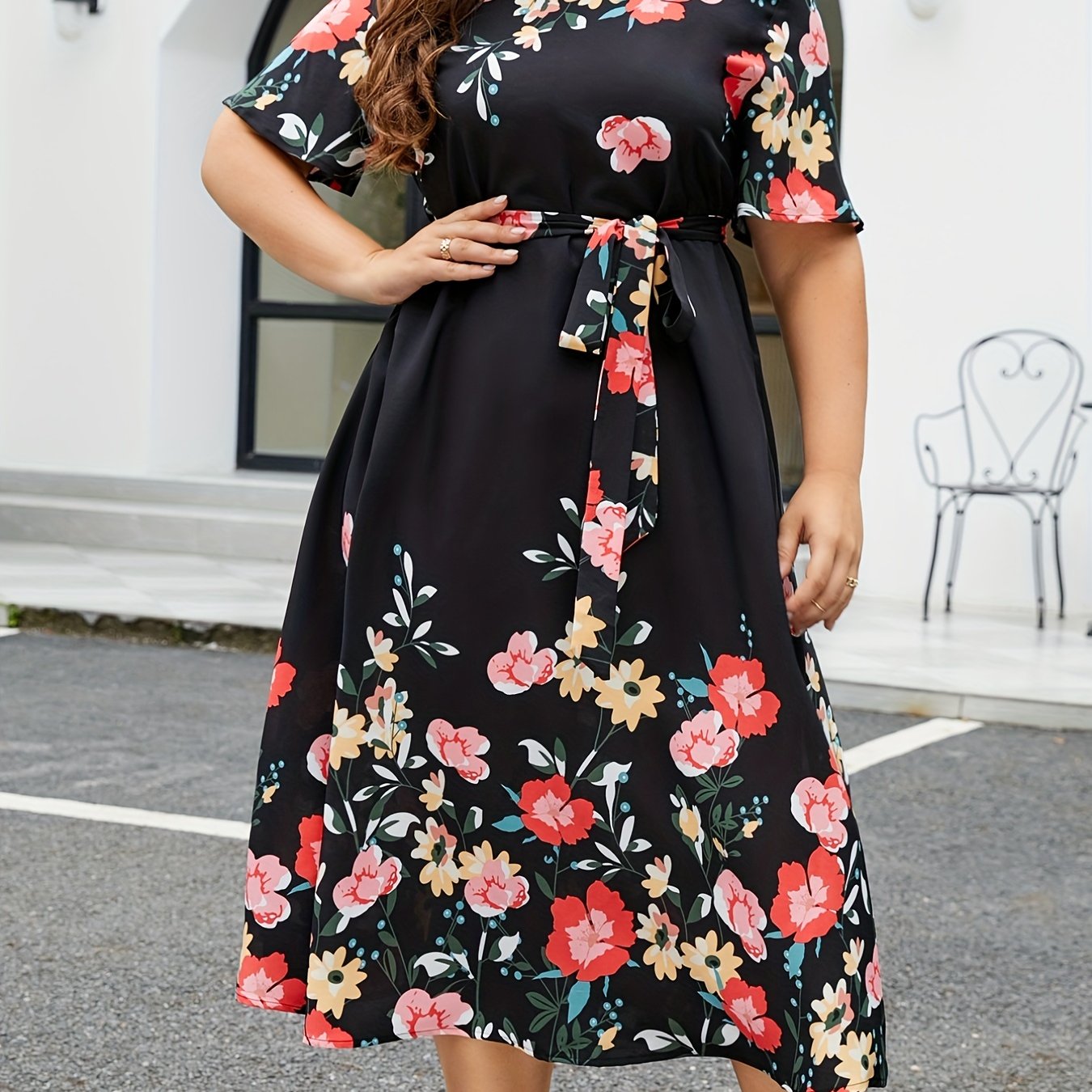  Floral Print Midi Dress With Belt