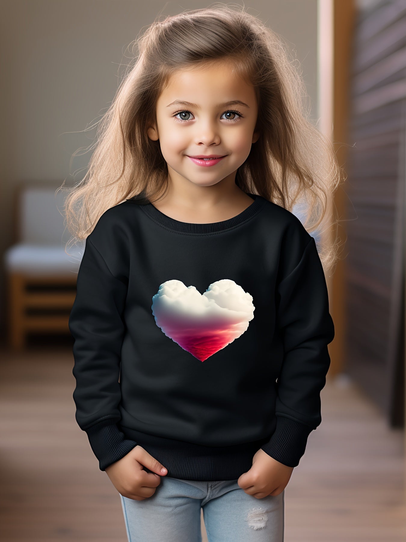 Heart Cloud Print Girls Pullover Sweatshirt Long Sleeve Crew Neck Tops