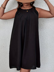  Solid Pleated Round Neck Mini Tank Dress