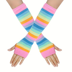 Rainbow Knitted Fingerless Gloves for Winter Outdoor Activities
