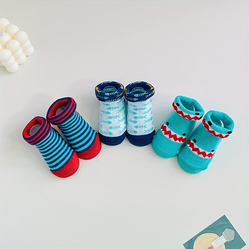 3Pairs Newborn Baby Toddler Unisex Socks Shark Print Non slip Floor Socks