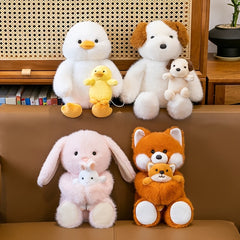 Mother & Son Rabbit & Fox Plush Dolls Soft Pastel Colors Gift Figurines
