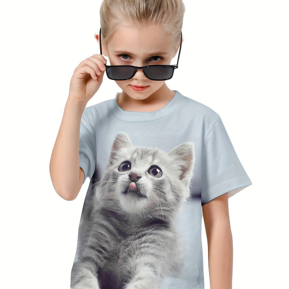 Casual Kitty Graphic Crew Neck T-Shirt Girls Summer Pullover Top