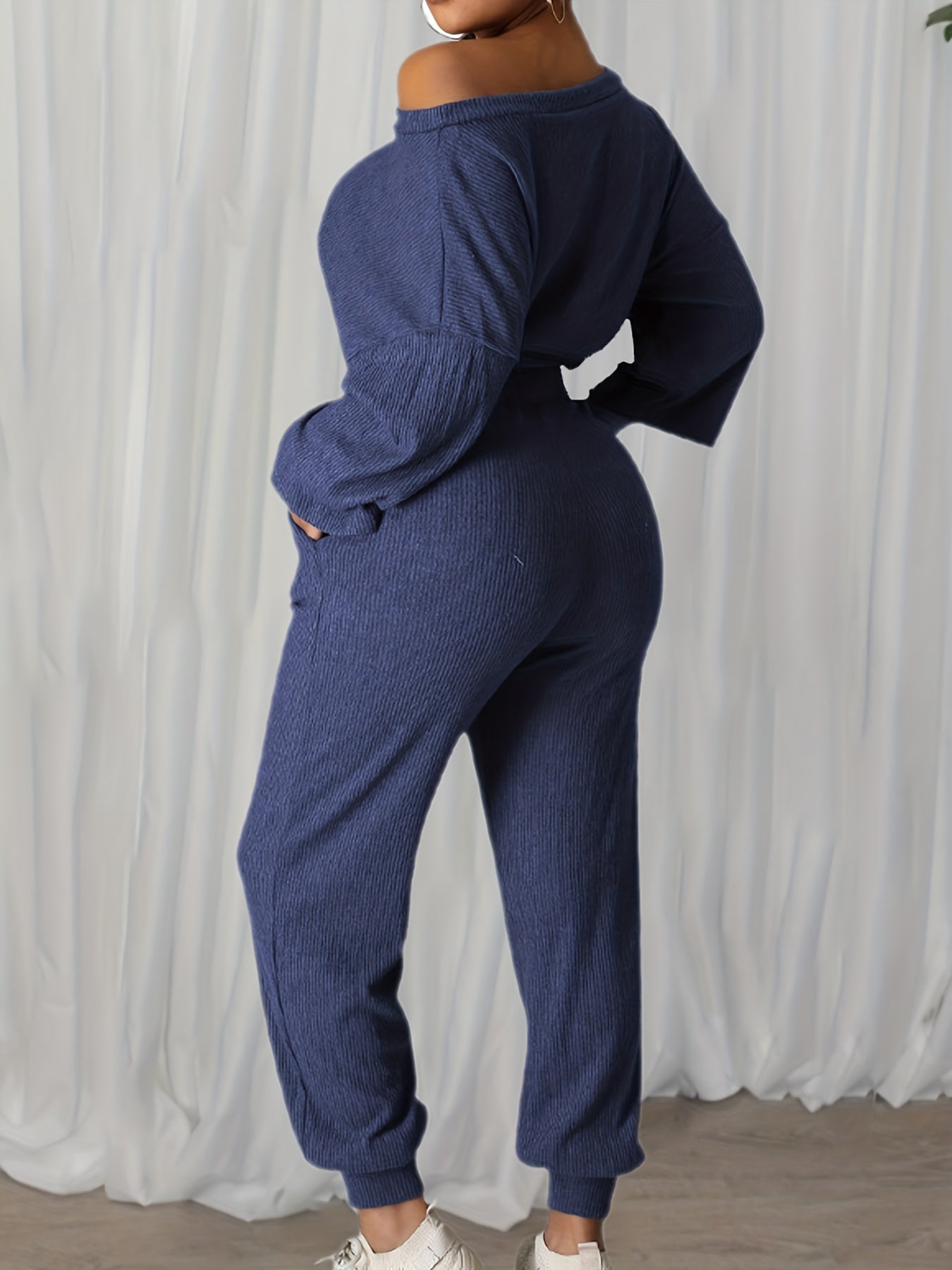  Solid Ribbed Long Sleeve One Shoulder Crop Top & Tapered Leg Pants Set