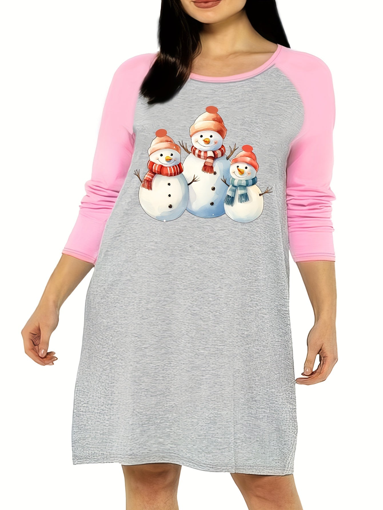  Snowman Graphic Long Sleeve Nightdress for Women