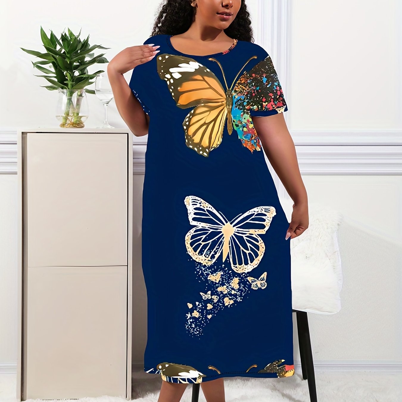 Butterfly Print Short Sleeve Casual Lounge Dress