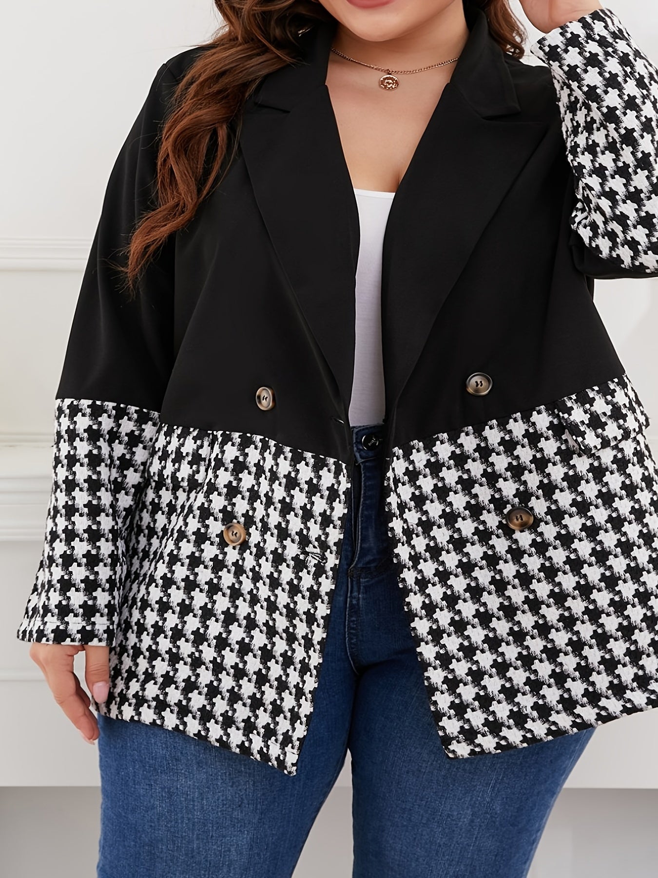  Houndstooth Lapel Collar Blazer Women's Plus Business Casual Blazer