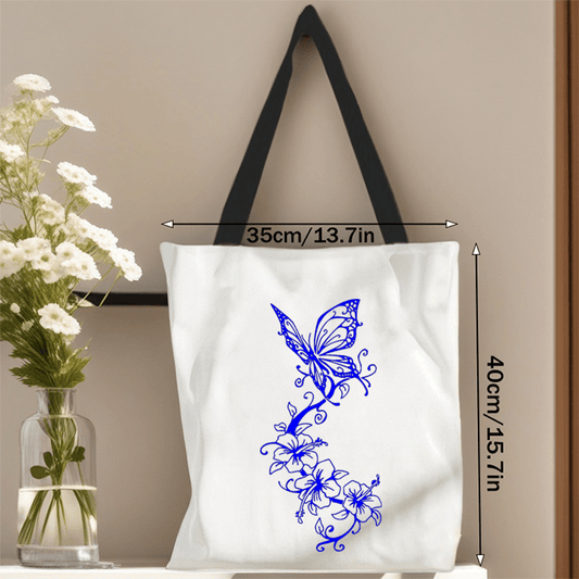 Polyester Butterfly Hibiscus Print Tote Bag Lightweight Reusable Shopping Handba