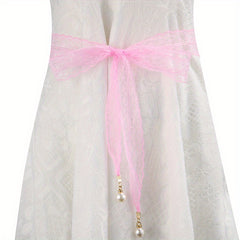 Faux Pearl Pendant Lace Girdle Sash Belt Bow Knotted Waistband Dress Girdle