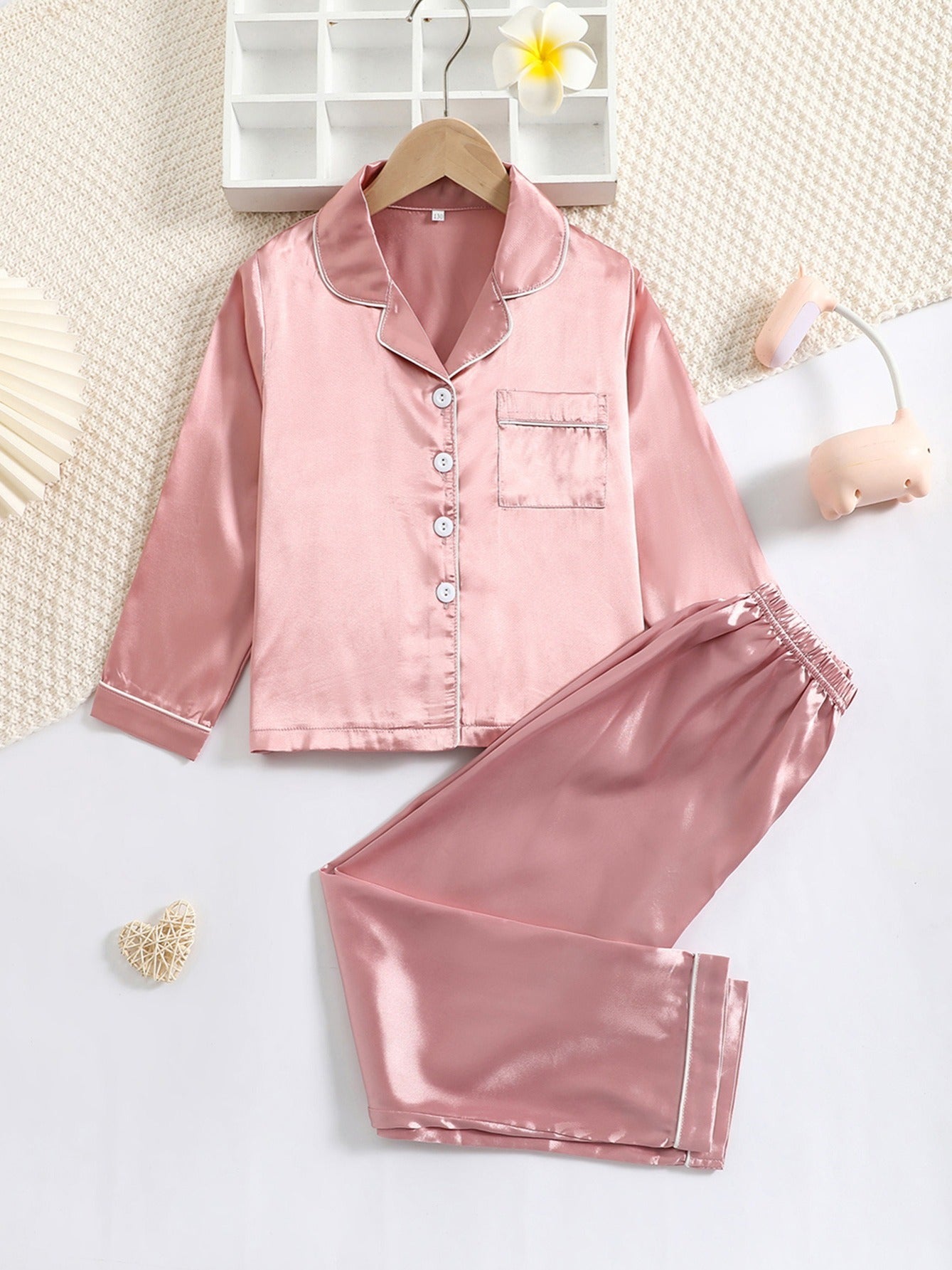 Baby Girls Satin Pajama Set Long Sleeve Button Down Solid Sleepwear