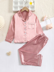 Baby Girls Satin Pajama Set Long Sleeve Button Down Solid Sleepwear