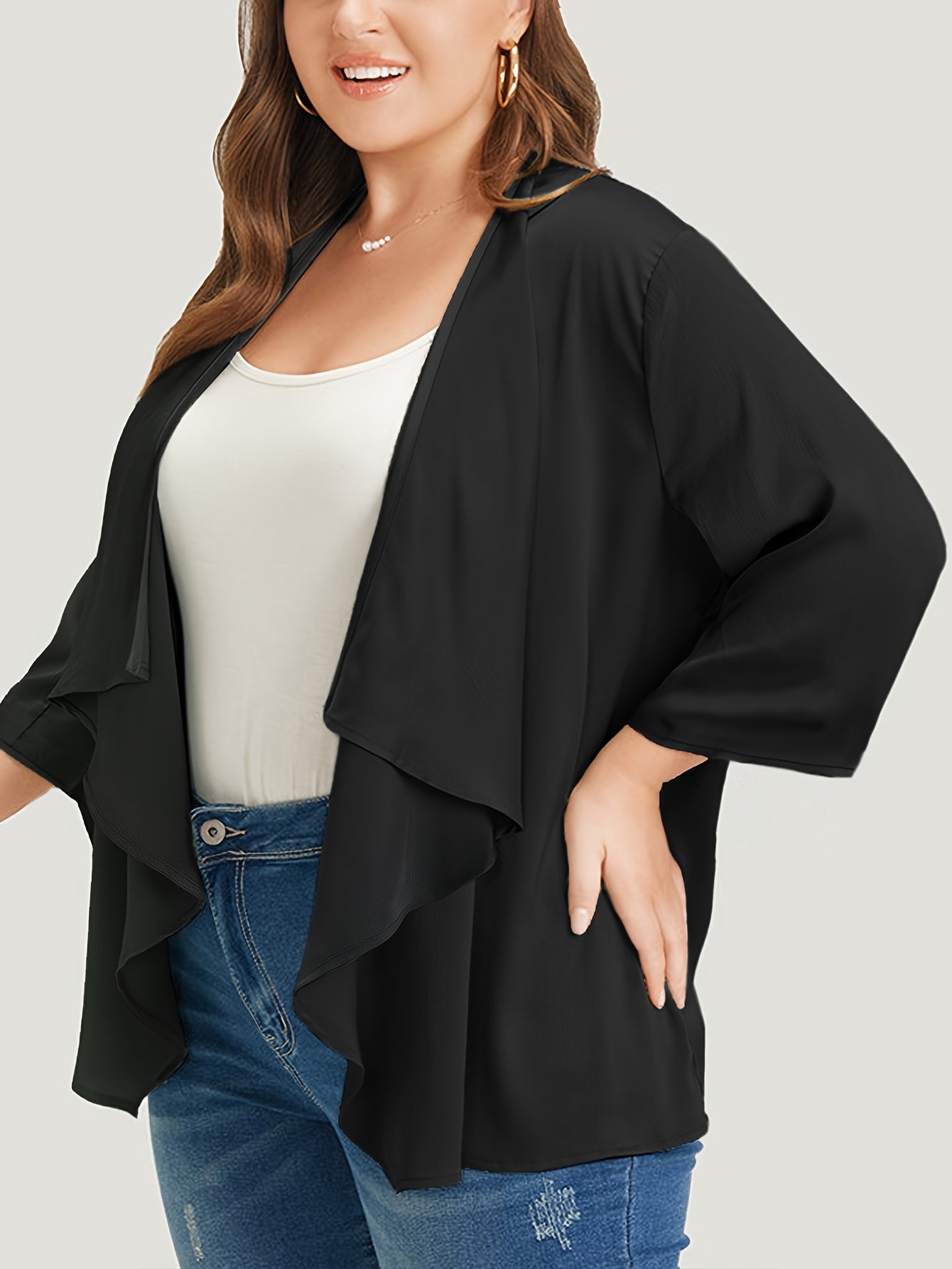  Solid Long Sleeve Open Front Stretch Cardigan