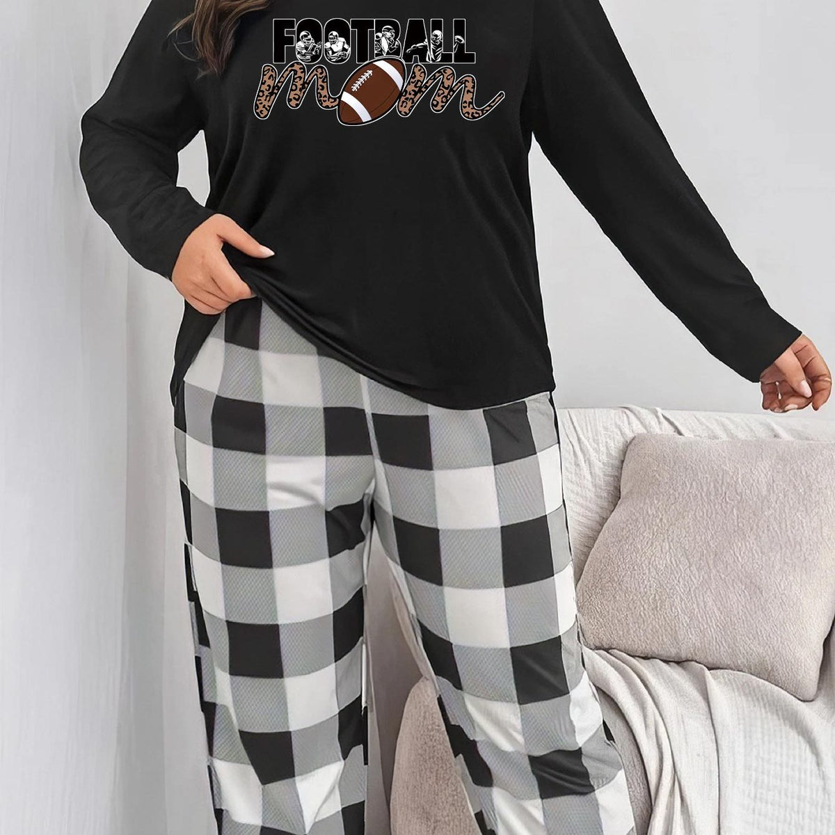  Casual Pajama Set Women's Plus Football Print Long Sleeve