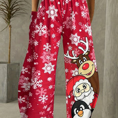 Women's Plus Santa Claus & Reindeer Print Wide Leg Pants