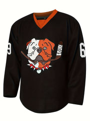 Men's Dog Pattern Ice Hockey Jersey Classic Embroidered Retro V neck