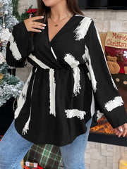  Brush Print Long Sleeve Peplum Top