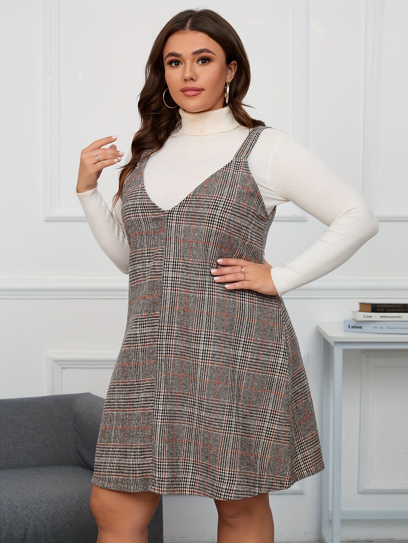  Plaid Print V Neck Mini Overall Dress