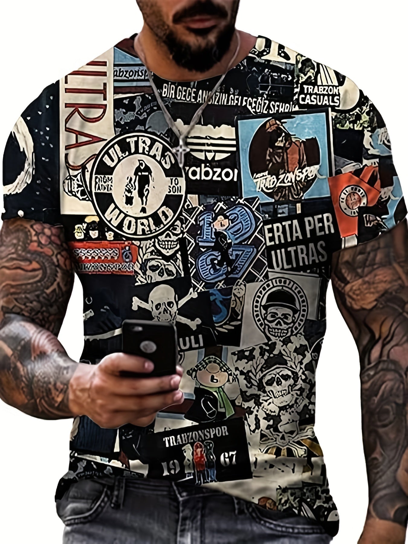 Men's 3D Printed Collage Style Skull T Shirt for Summer Outdoors