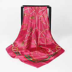 Vintage Chain Print Square Scarf Classic Satin Shawl Windproof Head Wrap
